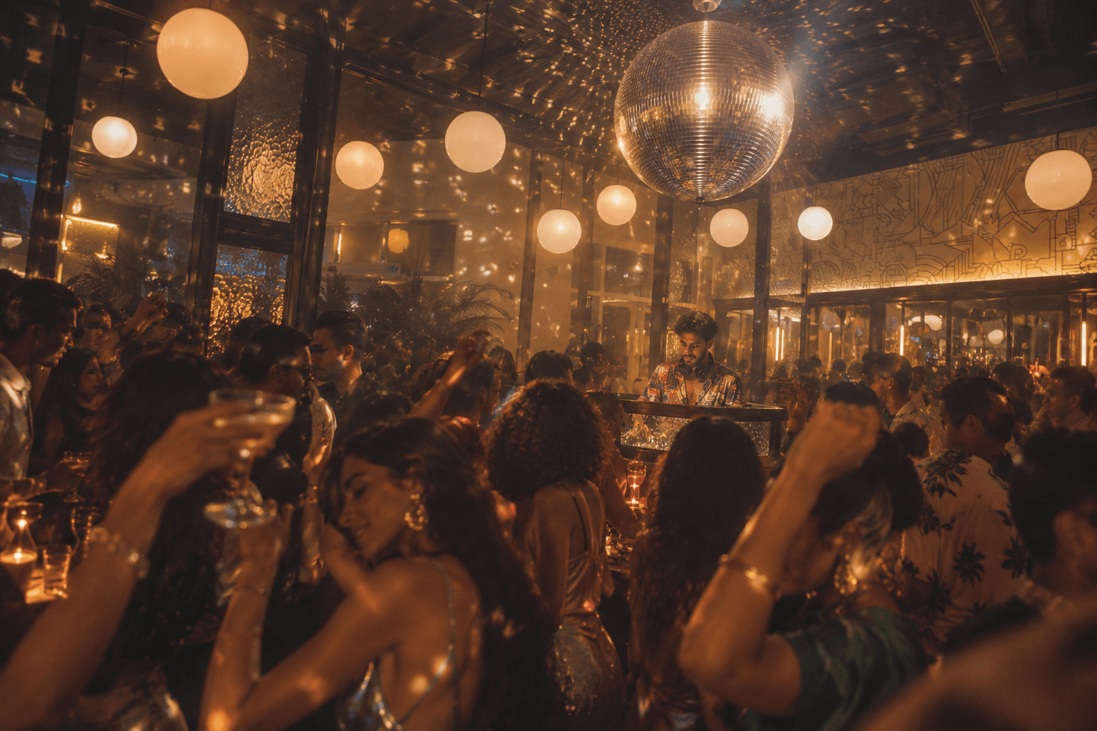 A packed room dancing under a disco ball, the DJ behind the decks