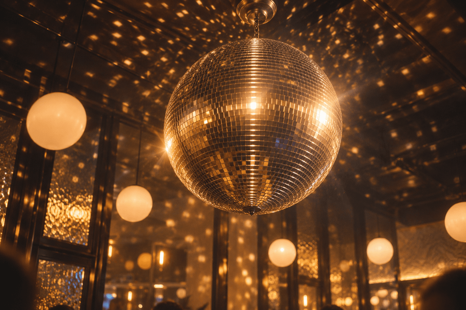 A mirrored disco ball throwing warm light across the room