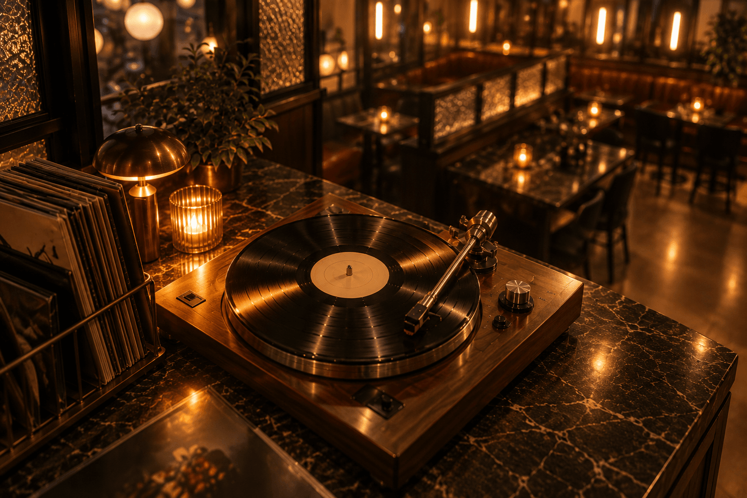 A record spinning on a walnut turntable beside a crate of vinyl