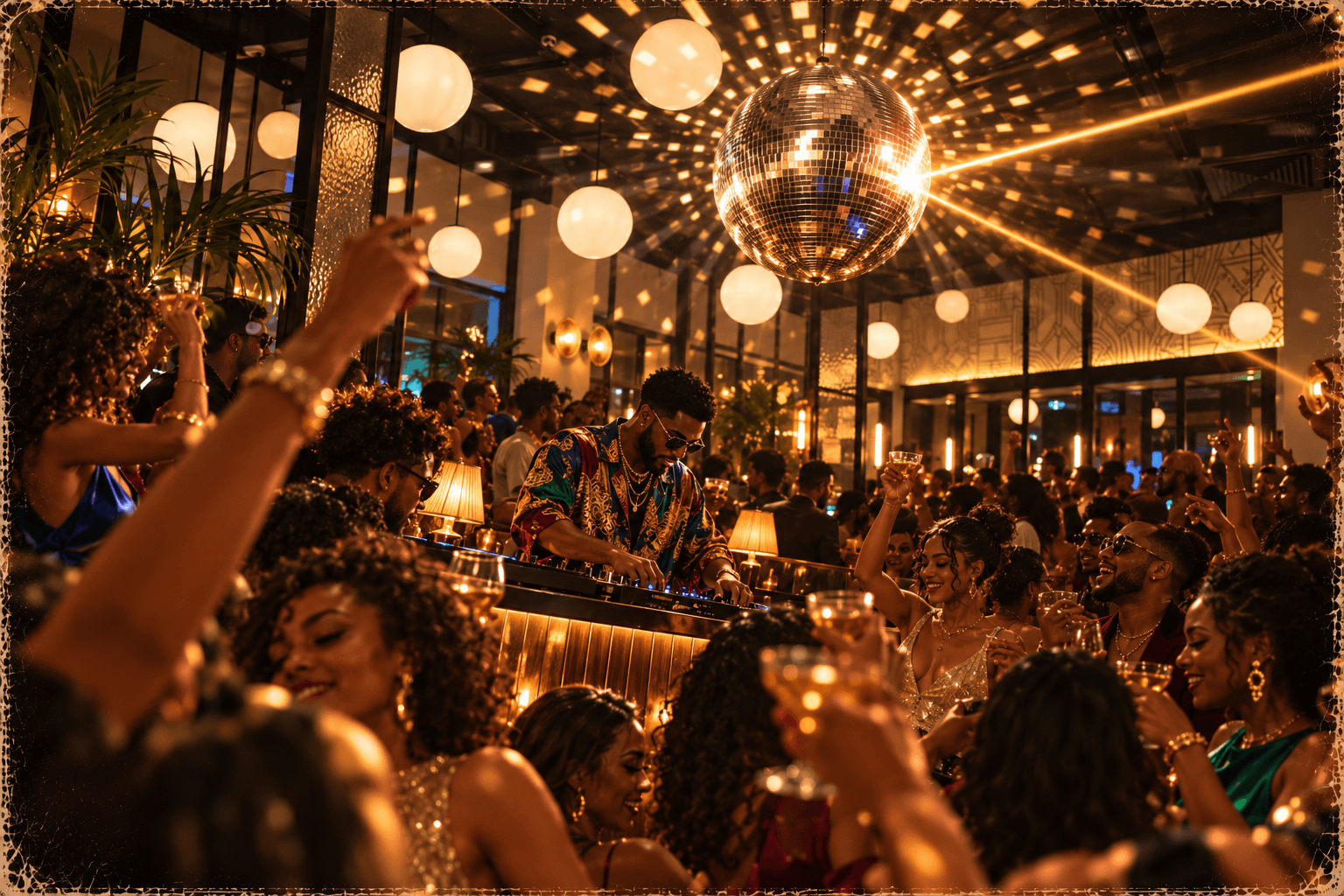 The crowd raising glasses to the DJ under the disco ball